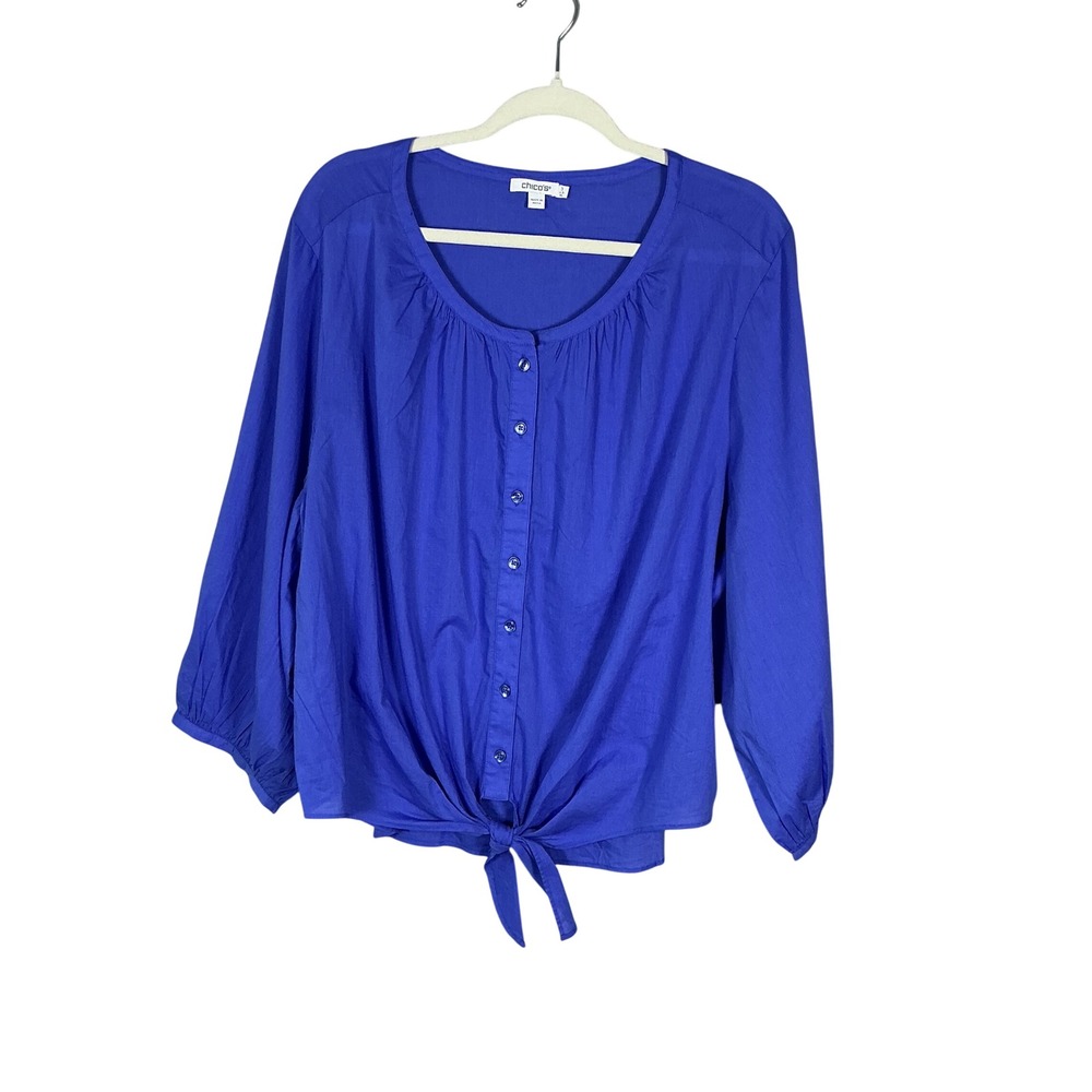 Chicos Blue Tie Front Button Down Blouse Scoop Neck 3/4 Sleeve Size 3 XL